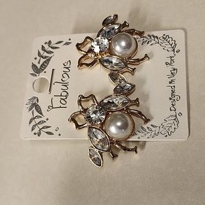 New Gold-Tone with Faux Pearl and Rhinestones Beatle Earrings